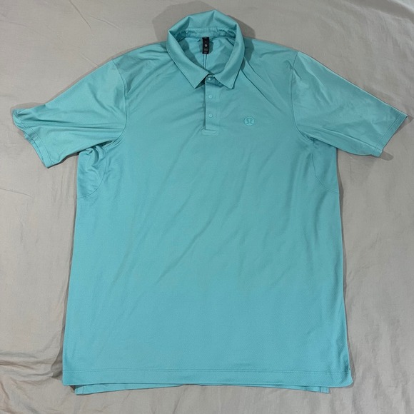 LULULEMON Polo Mens Size Large Golf Shirt Aqua Short Sleeve Performance Snap - Picture 2 of 13